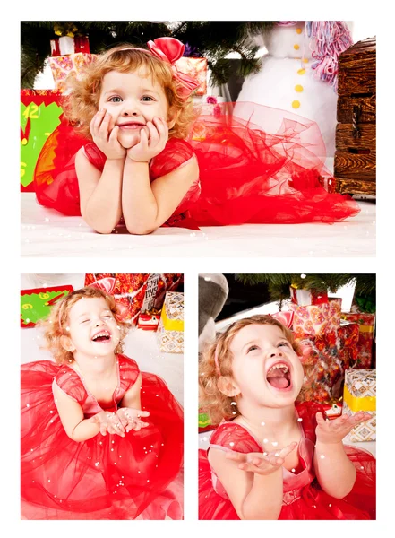Una ragazza sotto l'albero di Natale con regali, raccolta — Foto Stock