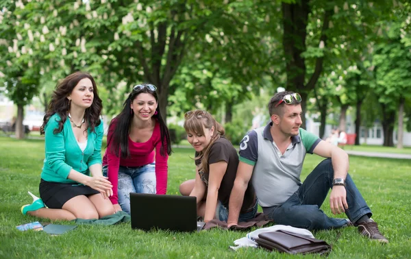 Gruppo di giovani studenti che utilizzano computer portatile insieme — Foto Stock