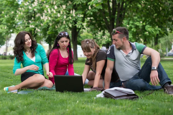 Gruppen av unga studenter använda laptop tillsammans — Stockfoto
