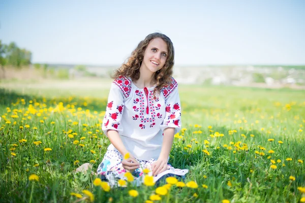 美しい若いブルネットの女性の牧草地で — ストック写真