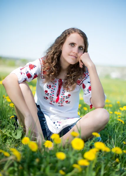 Beautiful young brunette woman  on the  meadow with — Stock Photo, Image