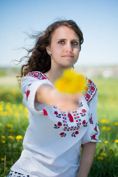 Schöne junge brünette Frau auf der Wiese mit — Stockfoto