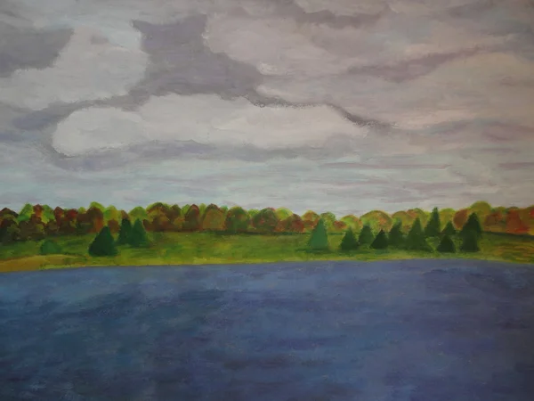 Pintura nubes de la naturaleza, madera y lago azul — Foto de Stock