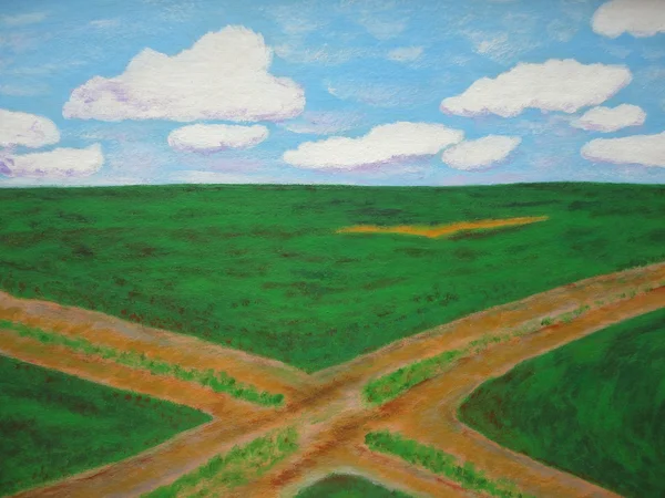 Landskap vägskäl och sky målning — Stockfoto