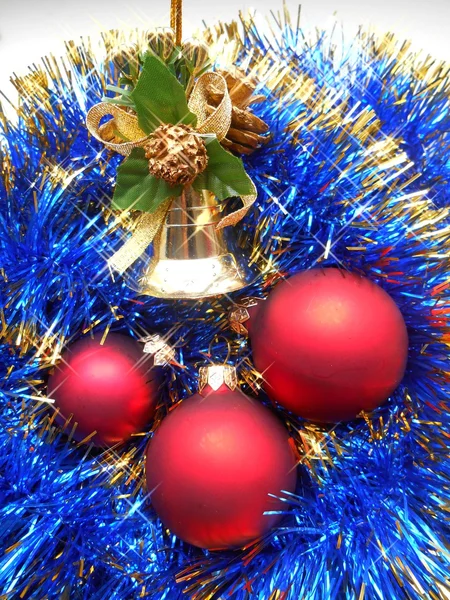 Christmas and New Year red balls on a blue background — Stock Photo, Image