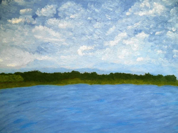 Peinture nature ciel et lac fond bleu — Photo