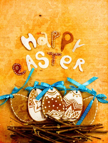 Ostereier und Hase mit Schriftzug "Frohe Ostern"" — Stockfoto