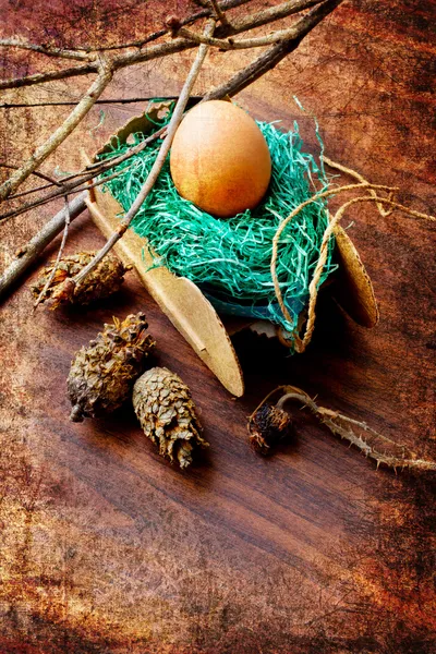 Easter egg with colorfull ribbon as a nest — Stock Photo, Image