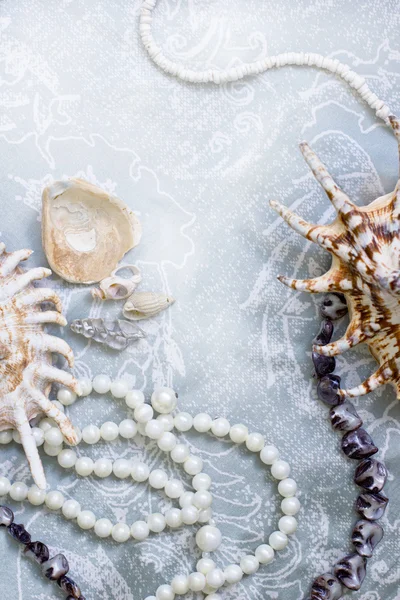 Pärlhalsband och seashell över stenar — Stockfoto