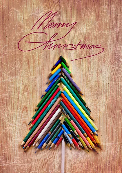 Vintage christmas card whit colorful pencils as christmas tree — Stock Photo, Image
