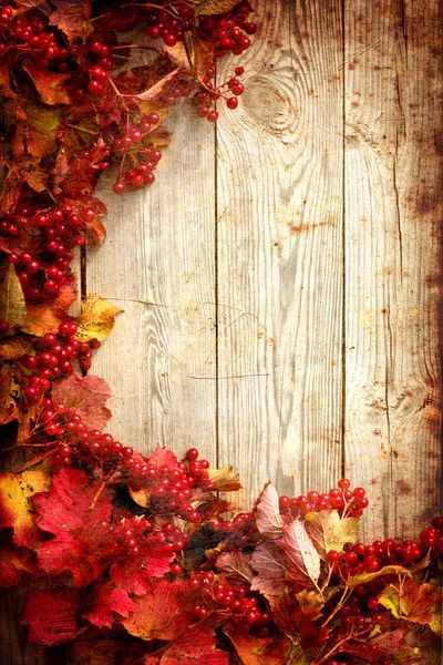 Marco de otoño de hojas de arce y arándano en placas de madera con textura grunge — Foto de Stock