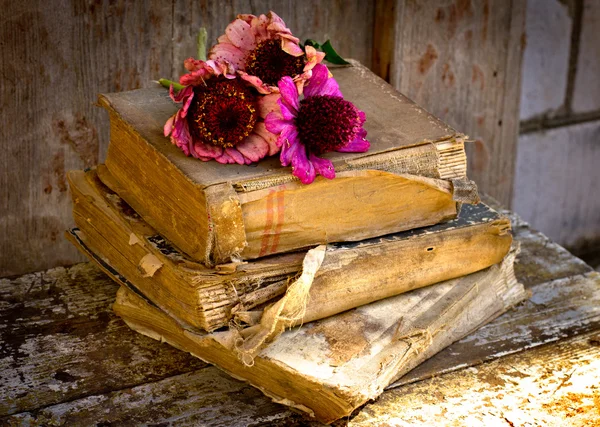 Picture of a flowers lying on an antique books — Stock Photo, Image