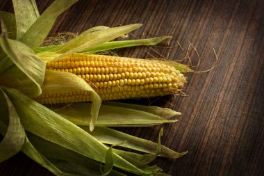 doku ile koyu ahşap bir masa üzerinde olgunlaşmış Mısır