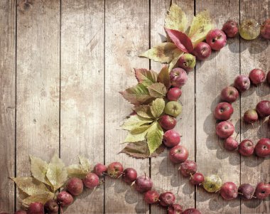 Vintage sonbahar sınır elma ve düşen yapraklar eski ahşap tablo