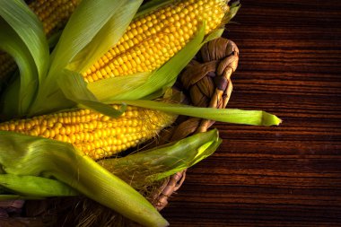 doku ile koyu ahşap bir masa üzerinde olgunlaşmış Mısır