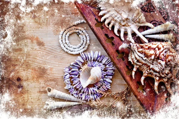 Vintage pearl necklaces and seashell with grunge texture — Stock Photo, Image