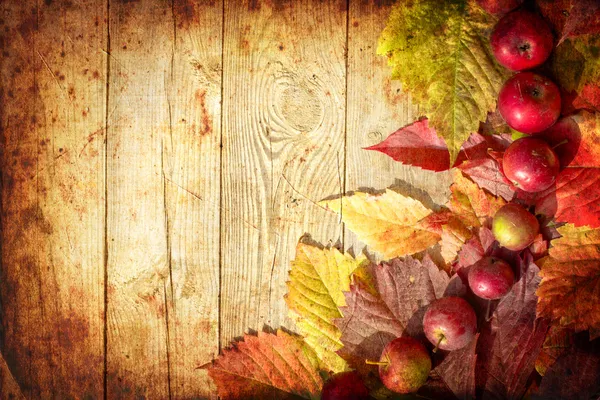 Vintage frontera de otoño de manzanas y hojas caídas en la vieja mesa de madera Imagen de archivo
