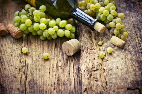Bottiglia di vino bianco, uva e sughero — Foto Stock