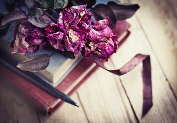 Dry roses and books — Stock Photo, Image