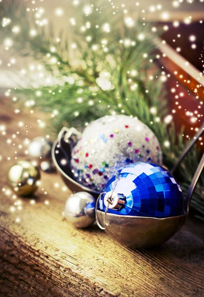Christmas balls in old pot — Stock Photo, Image