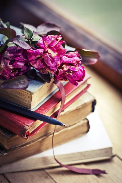 Dry roses and books — Stock Photo, Image