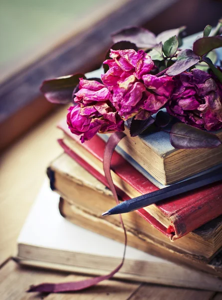 Livres, stylo et roses — Photo