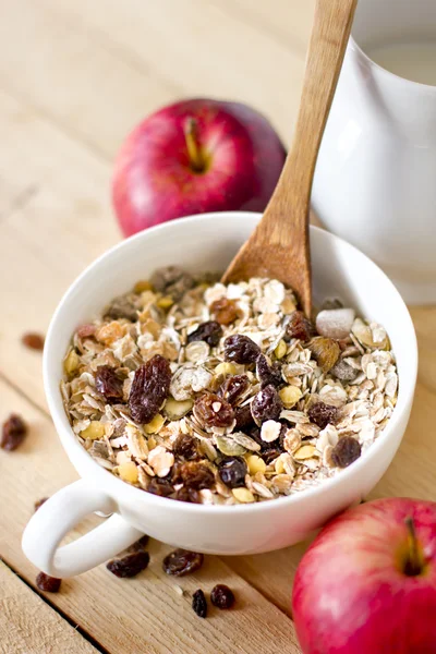 Bowl of oat flake with raisins, milk and apples — Stock Photo, Image