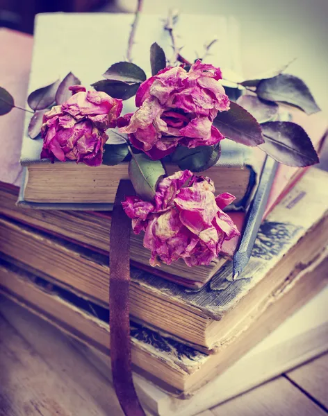 Rose secche su vecchi libri — Foto Stock