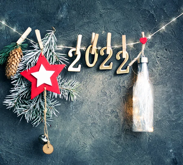 Frohes Neues Jahr 2022 Hintergrund Neujahrsurlaubskarte Mit Hellen Lichtern Geschenken — Stockfoto