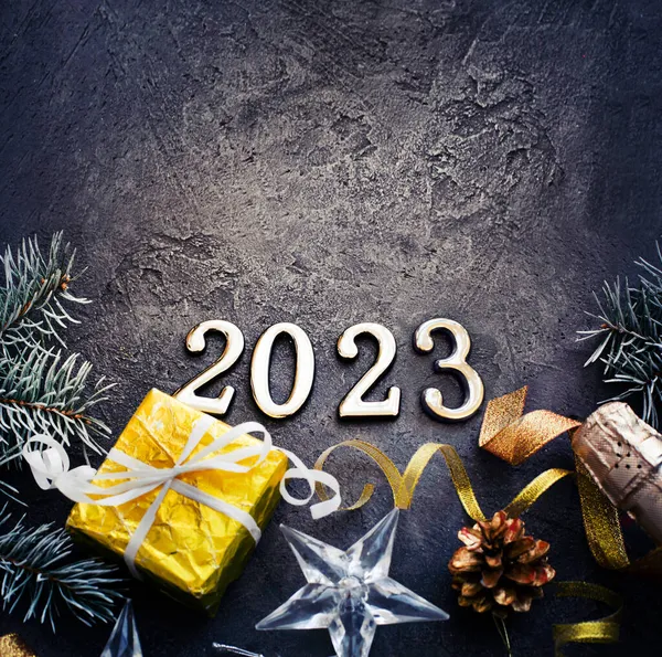 Щасливий Новий Рік 2023 Фонова Листівка Новорічних Канікул Яскравими Вогнями Стокове Фото