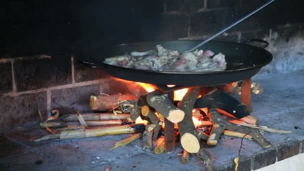 Große Schüssel Paella mit Feuerholz zubereiten, Hühnchen braten — Stockvideo