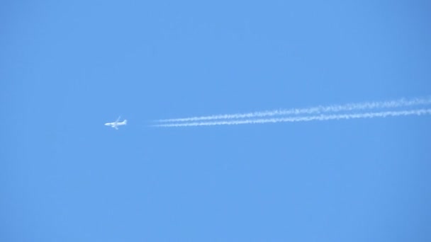 Onderaanzicht van vliegende vlak over blauwe hemel — Stockvideo