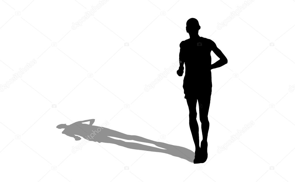 Marathon runner silhouette with shadow on white