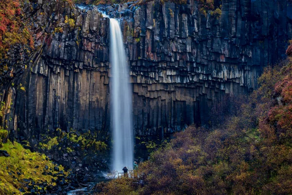 Svartifoss vattenfall långsökt på Island med turister — Stockfoto