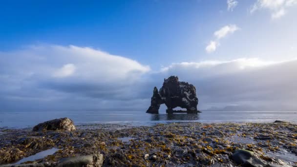 Hvitserkur kultowa skała w iceland upływu czasu, szeroki kąt — Wideo stockowe