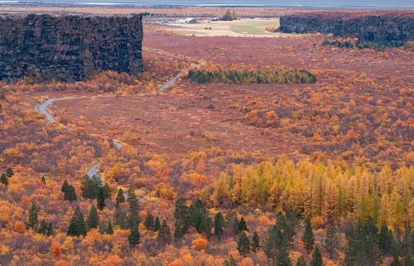 アイスランド北部の秋のアスバイルギ深い峡谷と道路 — ストック写真