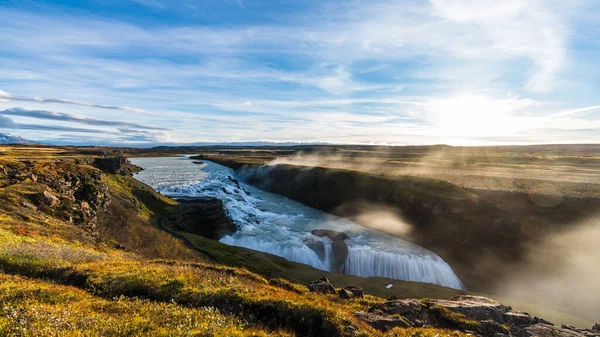Gullfoss Golden falls waterfall long exposure top view — Stockfoto