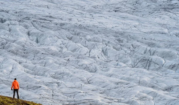 Unrecognizable tourist rear view looking to a massive glacier — стоковое фото