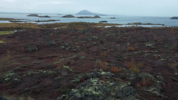 Volando sobre los campos de lava con el lago Myvatn — Vídeos de Stock