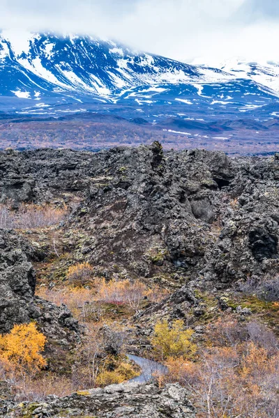 Vaste champ de lave avec montagnes enneigées — Photo
