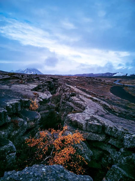 Massiccia crepa nei campi di lava sotto la giornata nuvolosa — Foto Stock