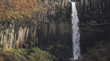 Svartifoss bazaltik şelalesi ve uzaktan tanınmayan turistler, İzlanda.