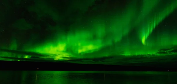 Amazing Northern lights over the calm lake with green reflections and lighted plant