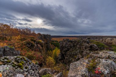 Sonbaharda turuncu renklerle Asbyrgi Kanyonu 'nun en üst manzarası