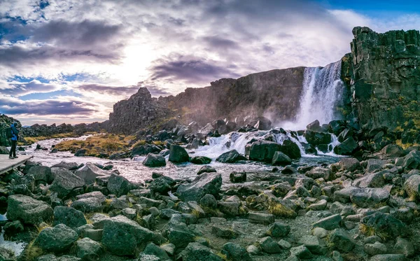 Thingvellir National Park Waterfall Panorama — Stok fotoğraf