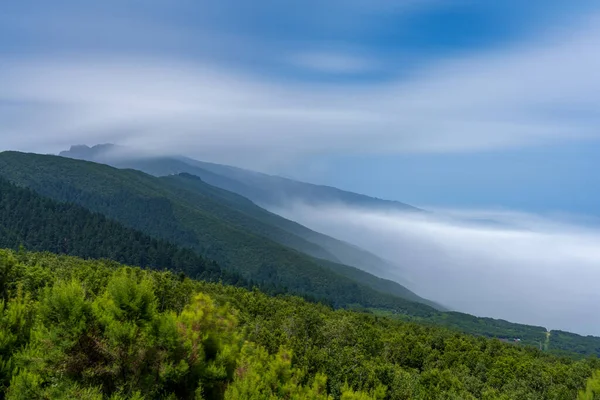 Larga Exposición Del Mar Nubes Sobre Bosque Pinos Montaña —  Fotos de Stock