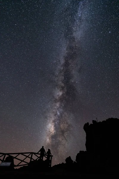 Rear view of couple observing milky way on top of the viewpoint
