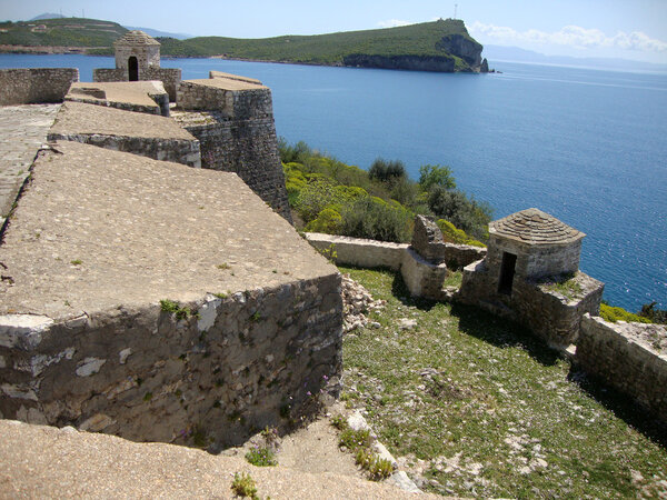 Roof top balcony of Ottoman Ali Pasha Fort at Palermo bay, Himara Village, South Albania