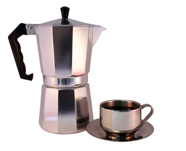 摩卡壶和杯咖啡 — 图库照片