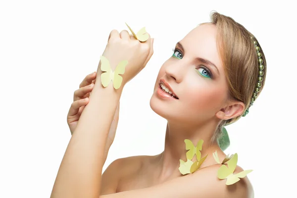 Beautiful girl with butterflies — Stock Photo, Image